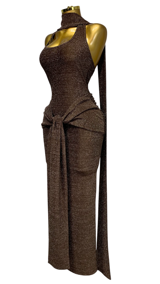 Vestido Largo Marrón Chocolate Metalizado ·