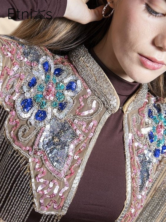 Embroidered stole, handmade piece with rhinestones and inlays