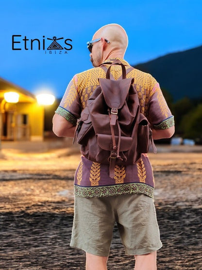 Large leather backpack with compartments on the sides 
