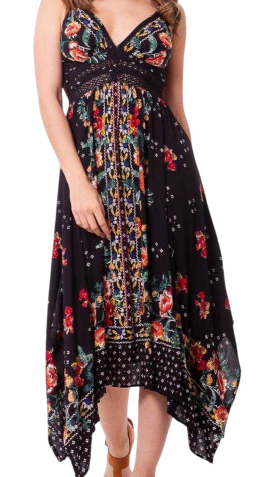 Vestido Midi Bohemio Negro con Estampado Floral