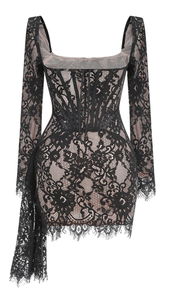 Vestido de Encaje Negro con Manga Larga