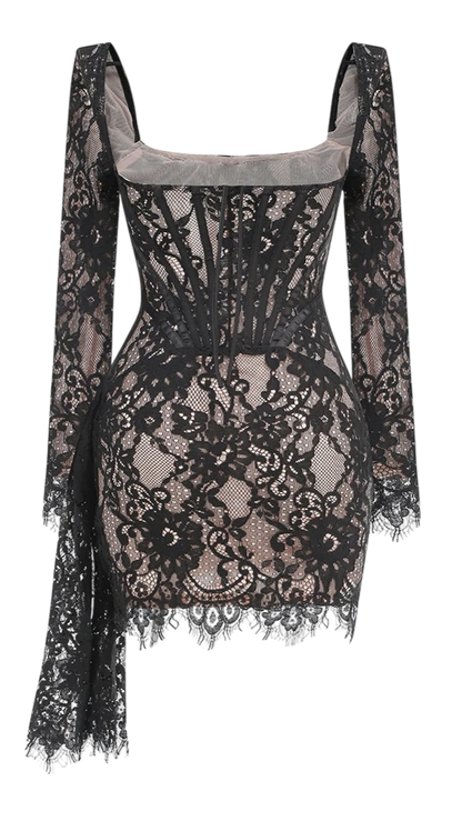 Vestido de Encaje Negro con Manga Larga