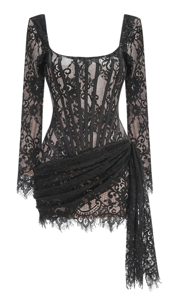 Vestido de Encaje Negro con Manga Larga