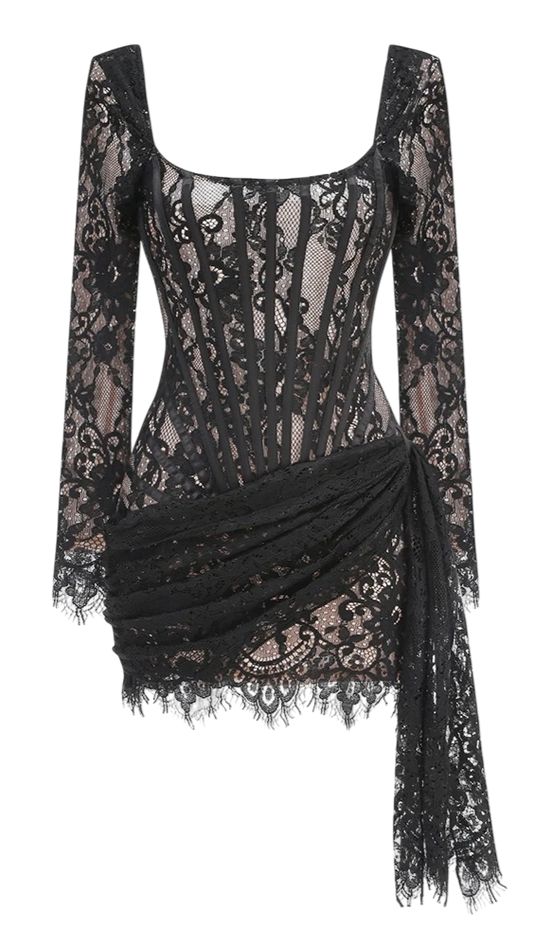 Vestido de Encaje Negro con Manga Larga
