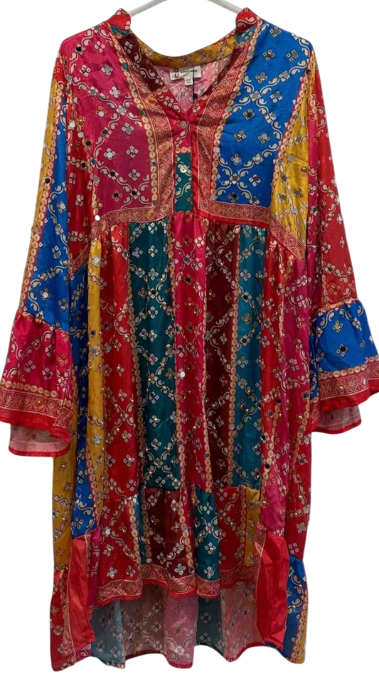 Short Embroidered Dress in Blue or Emerald Green with Gold Sparkles