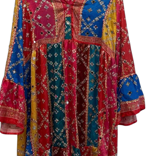 Short Embroidered Dress in Blue or Emerald Green with Gold Sparkles