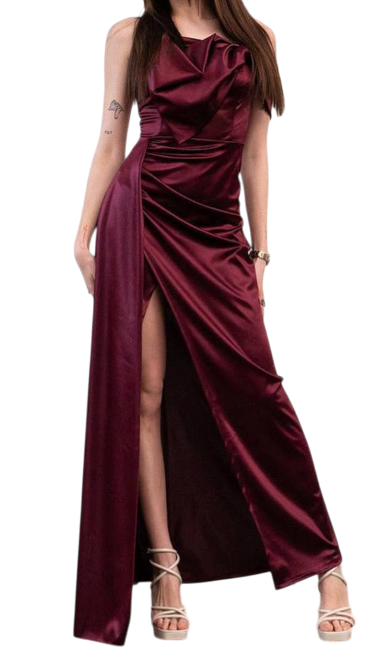 Vestido Olivo y Cerezo satinado con drapeado – Elegancia en movimiento ✨