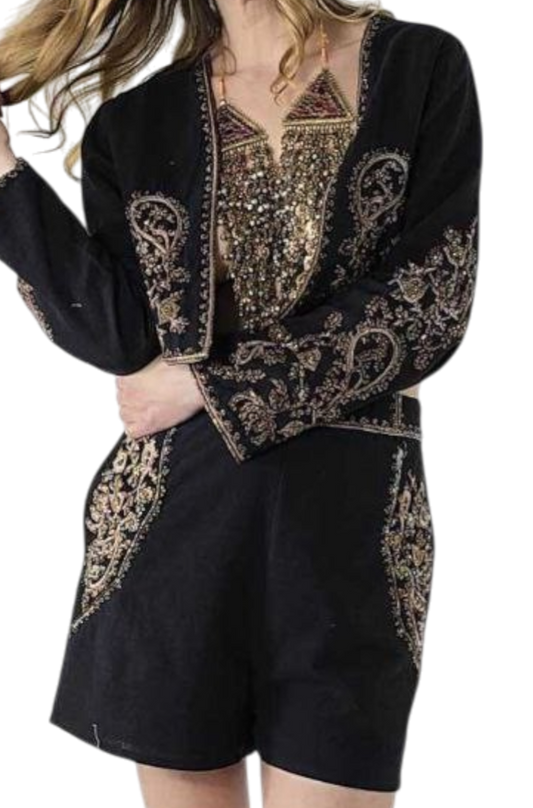 Short Embroidered Dress in Blue or Emerald Green with Gold Sparkles